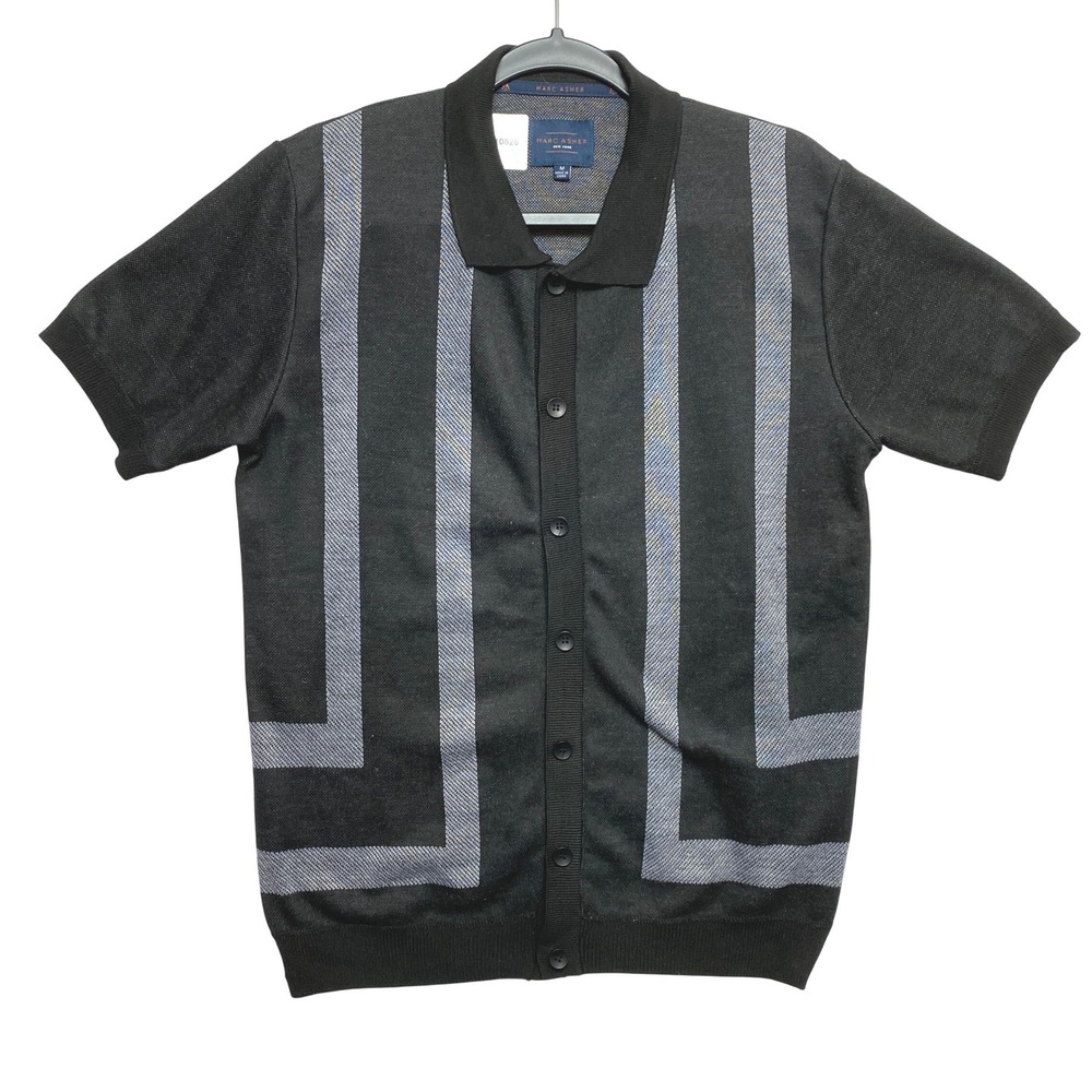 Marc Asher Knit Polo Shirt Mens Medium Black Gray Geometric Button Front